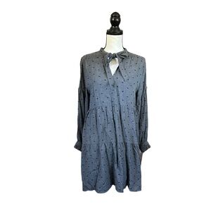Zara Gray Swiss Dot Tiered Babydoll Mini Dress Neck Bow Long Sleeve Retro Boho M